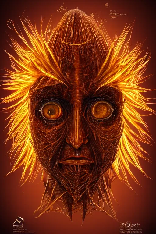 Image similar to corn dandelion humanoid figure monster, symmetrical, highly detailed, digital art, sharp focus, trending on art station, amber eyes, amber glowing