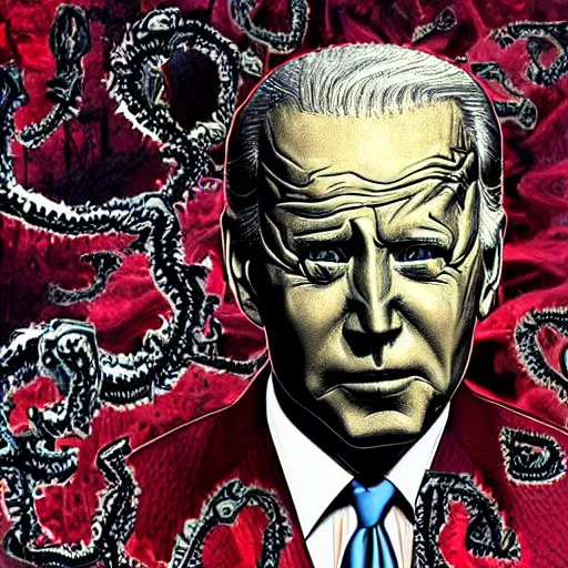 Image similar to biden became bloody ugly lovecraftian degenerate abomination, photo - realistic, color image, 2 k, highly detailed, bodyhorror, occult art