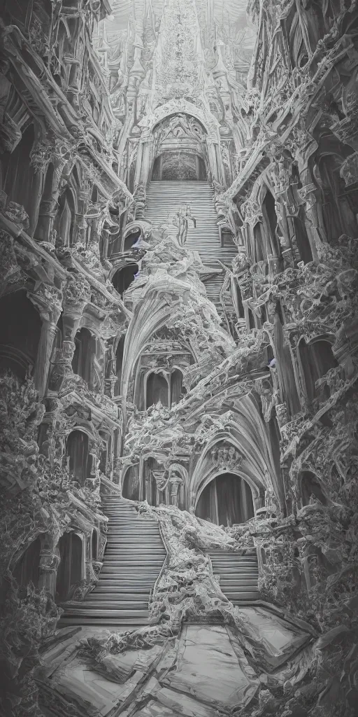 Prompt: frozen heaven, abstract undertones, intricate details, beautiful architecture, high castle, beautiful temple, marble stairs, delicate structure, color grade, trending on artstation