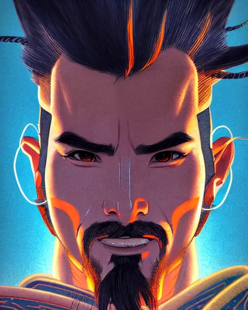 Image similar to hanzo from overwatch, character portrait, portrait, close up, concept art, intricate details, highly detailed, vintage sci - fi poster, retro future, vintage sci - fi art, in the style of chris foss, rodger dean, moebius, michael whelan, katsuhiro otomo, and gustave dore