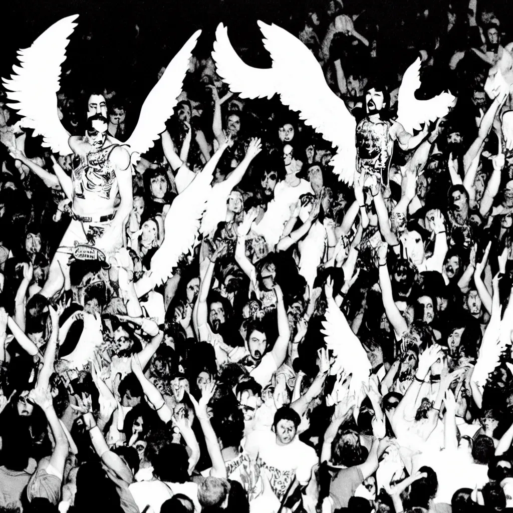 Image similar to freddie mercury singing at a death metal punk concert. mosh pit, elaborate clothing, violent rock concert yellow and white clothing, huge angel wings - s 1 5 0