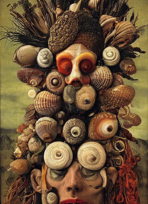 Prompt: a surreal painting of a shaman's face, by Giuseppe Arcimboldo, seashells, symbolist, soft colors, dramatic lighting, smooth, sharp focus, extremely detailed, aesthetically pleasing composition