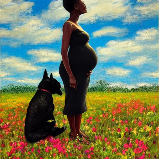 Image similar to a pregnant east african woman with her black puppy in a vast field of flowers, looking off into the sunset, relaxing, wide shot, golden hour, vintage, impressionist painting, fine art, oil painting, dreamy, pastel, laughing, happy, intricate details, sharp, peaceful, serene