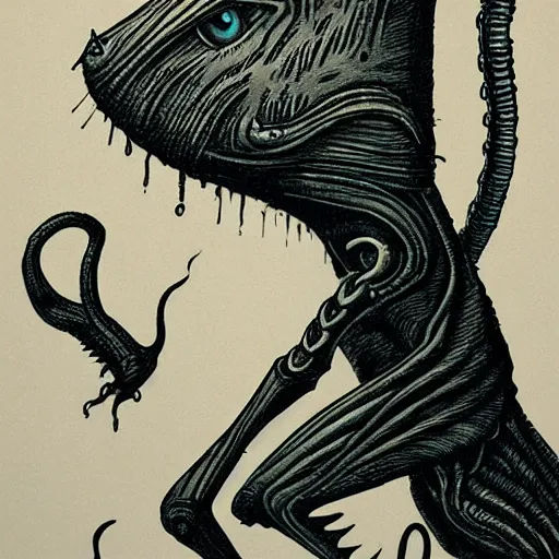 Image similar to an alien in the style of hr giger fighting an anthropomorphic cat wearing a cape.