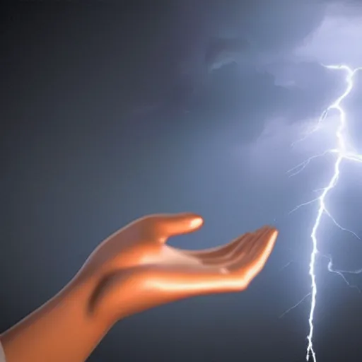 Image similar to hyper realistic lightning storm in a beautiful girl's hand. higly detailed, complex, unreal engine 5.