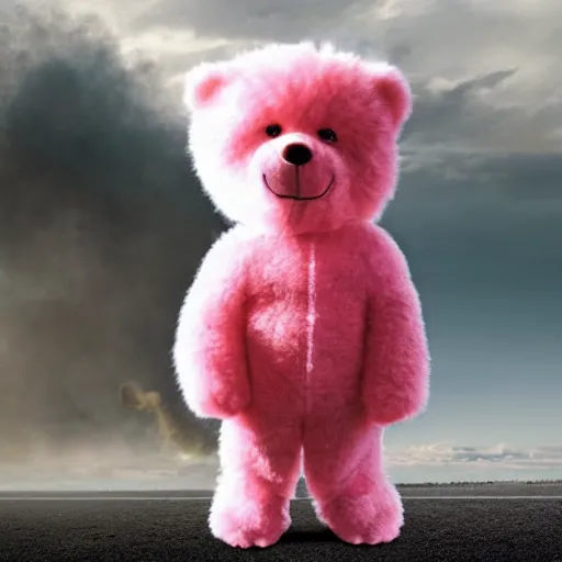 Image similar to fluffy pink teddybear in superhero costume, cinematic explosions, dramatic pose