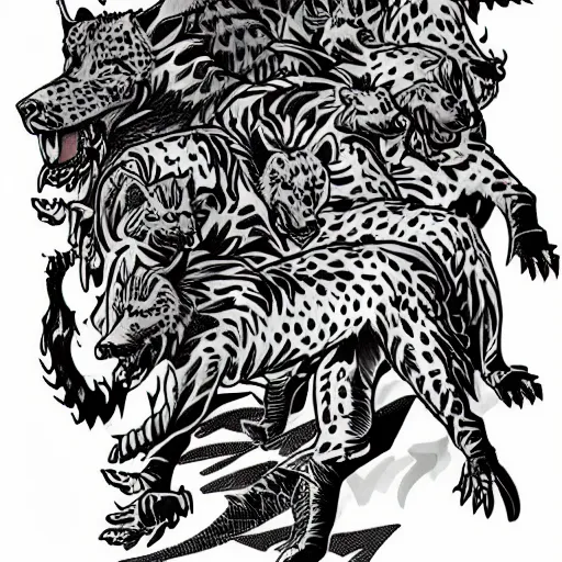 Image similar to full sleeve! tattoo design! of clan of hyenas running down savannah chasing prey