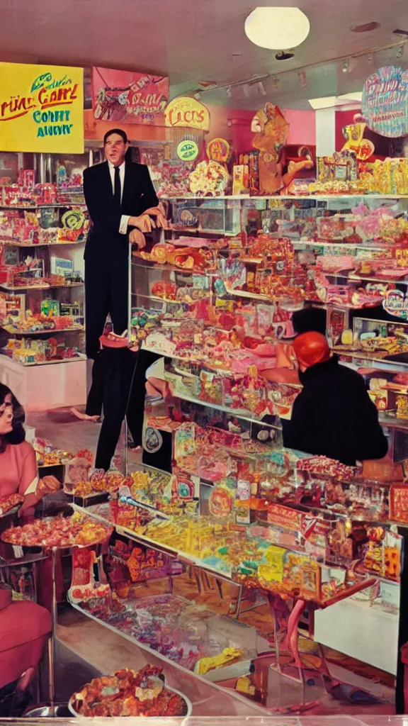 Prompt: 6 0 s photo of a business man in a candy shop, kodachrome