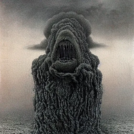 Prompt: a dark storm cloud made out of hundreds of sad ghostly faces. berserk. lovecraftian. painted by beksinski and ted nasmith.