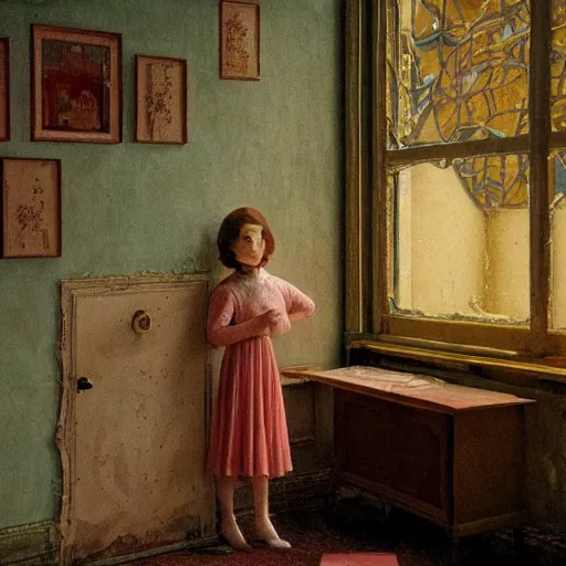 Prompt: a young ivory and golden filigree girl in an soviet liminal abandoned room, film still by wes anderson, depicted by balthus, limited color palette, very intricate, art nouveau, highly detailed, lights by hopper, soft pastel colors