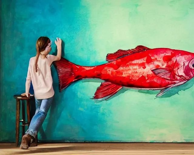 Image similar to an innocent and beautiful scene in hyper realistic style, watercolor and pen oily drawing on wood, of a smadar lomnitz painting a huge colorful fish on the wall, lighting from the barred window. shadows. 4 k. wide angle. wild mood. red mouth, blue eyes. deep focus, lovely scene. ambient occlusion render. unreal engine.