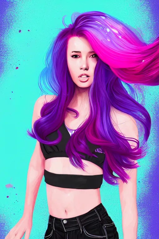 Image similar to a award winning half body portrait of a beautiful woman in a croptop and cargo pants with ombre purple pink teal hairstyle with head in motion and hair flying by artgerm, paint splashes, splatter, outrun, vaporware, shaded flat illustration, digital art, trending on artstation, highly detailed, fine detail, intricate