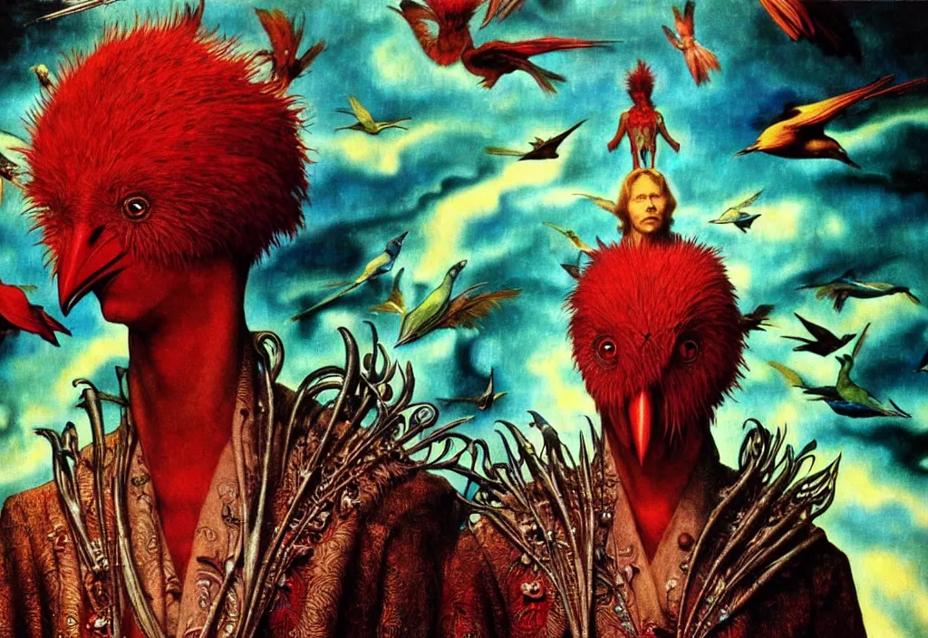 Prompt: realistic detailed portrait movie still of a birdman wearing dark robes, sci fi landscape background by denis villeneuve, amano, yves tanguy, alphonse mucha, max ernst, ernst haeckel, roger dean, masterpiece, rich moody colours, birds, snarling dog teeth