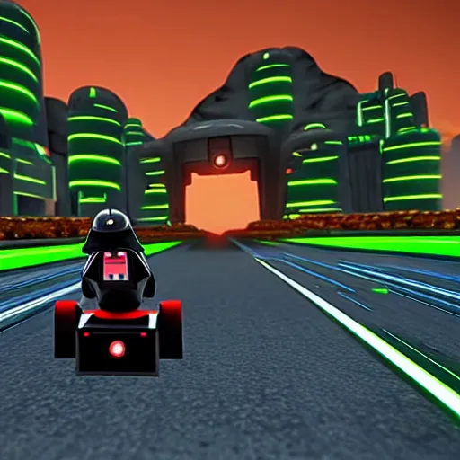 Image similar to still image of darth vader driving in mario kart tour deluxe race, unreal engine