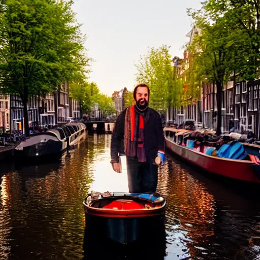 Prompt: a bearded spanish man standing at the front of a crowded canal boat in amsterdam. beautiful evening light, 5 0 mm f 5. 6