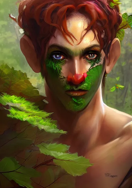 Prompt: A realistic anime portrait of a handsome dryad clown with glowing green eyes and tree bark skin wearing clothes made of leaves, digital painting, by Stanley Artgerm Lau, Sakimichan, WLOP and Rossdraws, digtial painting, trending on ArtStation, SFW version