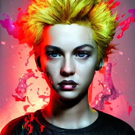 Prompt: portrait made out of exploding paint, punk rock women, short blond hair, octane render, highly detailed, realistic, beautiful, splashes of neon, comic book art