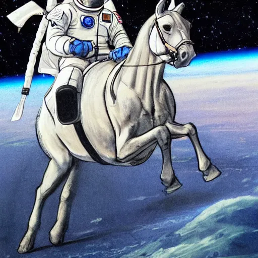 Image similar to concept art of a horse riding on the astronaut