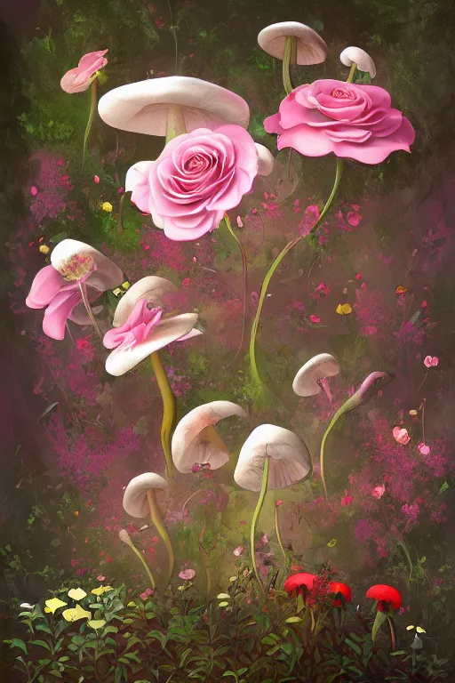 Image similar to beautiful digital matter cinematic painting of whimsical botanical illustration of roses and lilies mushrooms hidden thicket, whimsical scene bygreg rutkowki artstation