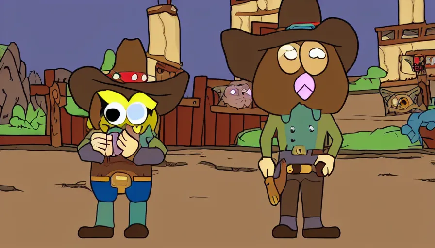 Image similar to 2000s cartoon show screenshot about a gunslinging owl from the wild west, wearing a cowboy hat an eye mask, standing in an old west town the animated show, in the style of cowboys of moo mesa