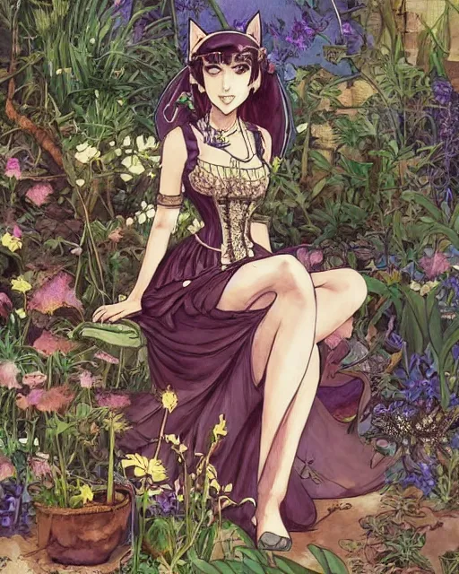 Image similar to middle eastern woman with cat ears, wearing a lovely dress in a steampunk garden. this watercolor painting by the award - winning mangaka has impeccable lighting, an interesting color scheme and intricate details.