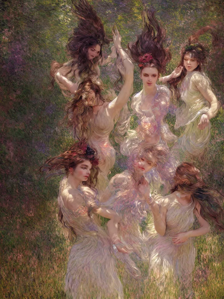 Image similar to illustration studio portrait of three dark beautiful seraphim female energy dancing in artistic poses in a coven at the forest, a big firepit emerges, monet painterly motives and textures pattern, hyper detailed, octane render, vivid colors, artstation, by jeremy mann, by alphonse mucha, by monet