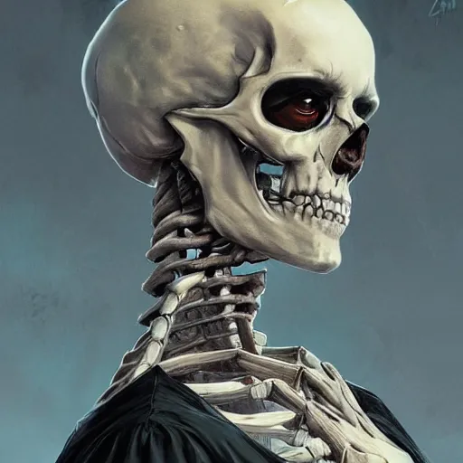 Image similar to portrait of an undead skeleton necromancer, D&D, fantasy, highly detailed, digital painting, artstation, smooth, sharp focus, illustration, art by artgerm and greg rutkowski and alphonse mucha