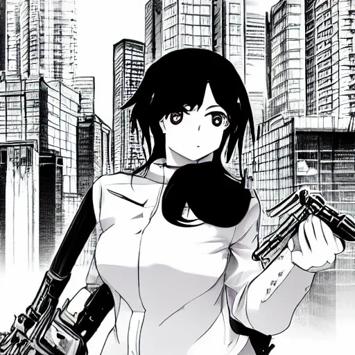 Prompt: woman standing holding large gun in cityscape, flooding, manga style, rwby, shonin jump, black and white, line art