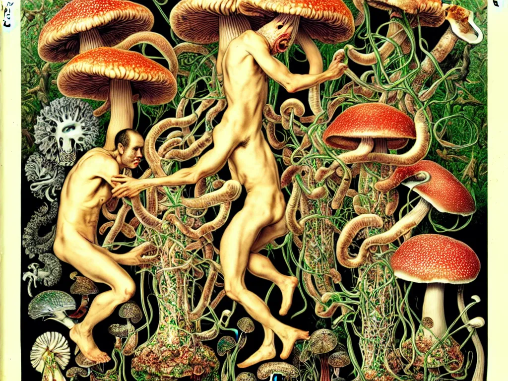 Image similar to human eating yourself with mushrooms, neo surrealism, art by ernst haeckel and daniel martin diaz