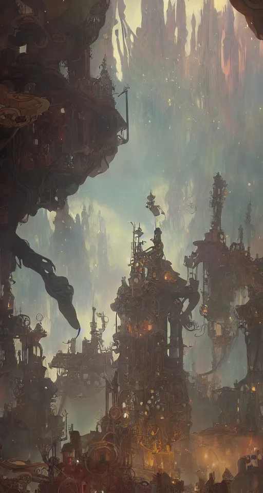 Prompt: a beautiful landscape painting of steampunk landscape, by alfons maria mucha and julie dillon and makoto shinkai, trending on artstation, octane render