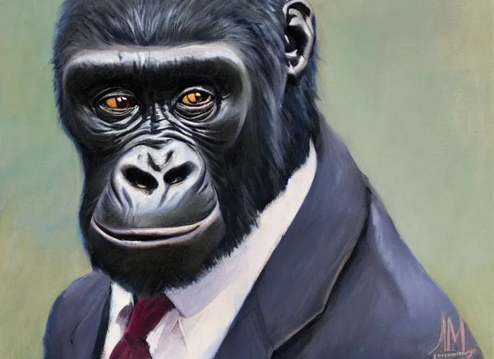 Prompt: a highly detailed beautiful portrait of a gorilla wearing a suit, by gregory manchess, james gurney, james jean