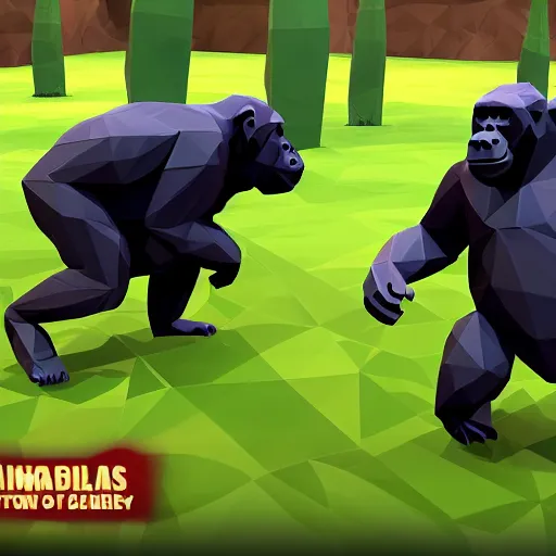 Prompt: gorillas playing a game of tag in low poly video game
