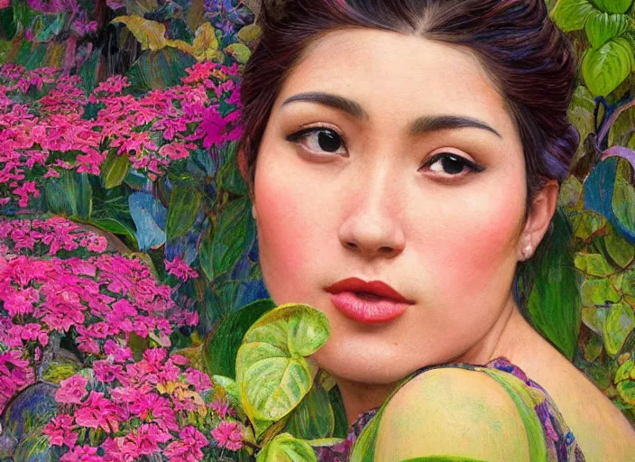 Prompt: eva lovia, exterior botanical garden, portrait face, colorful, in the style of frantisek kupka, intricate, miles johnston, kuroda seiki, cynical realism, ozabu, john william godward, painterly, yoshitaka amano, moebius, beautiful lighting, miles johnston, klimt, louise zhang, james jean