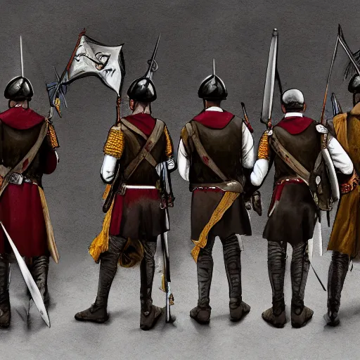 Prompt: realistic, 5 medieval soldiers, in line, pikes, hellbards, banner, flag, mist, picture from behind, epic, digital art, illustration, fantasy, realistic sketch, dark