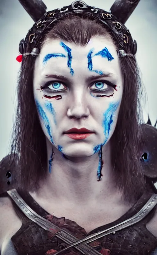 Prompt: photorealistic portrait of female viking warrior with black hair and bleeding nose, blue eyes, porcelain skin, shoulders, determined