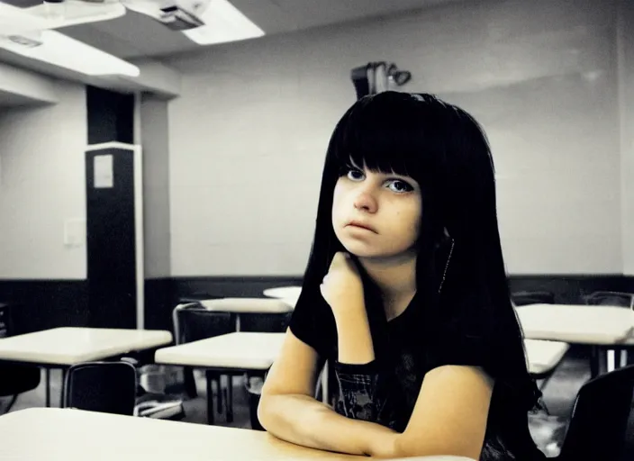 Prompt: photograph of an emo girl sitting in a cafeteria, 2006, yellow fluorescent lighting
