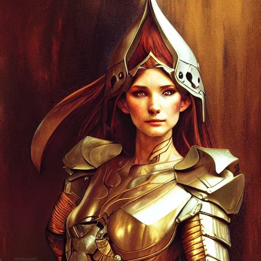 Prompt: half length portrait of a beautiful female elf armored paladin, royo, klimt, miro, vallejo, frazetta, alphonse mucha, greg rutkowski, whealan