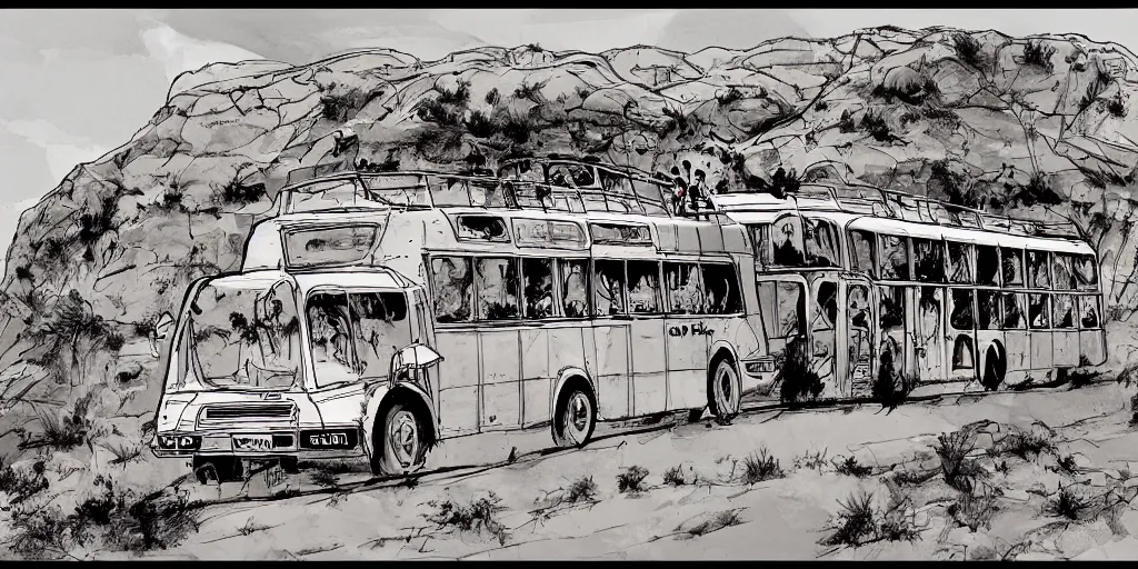 Prompt: bus with 8 decks driving through the desert in the style of ronald searle, illustration, painterly