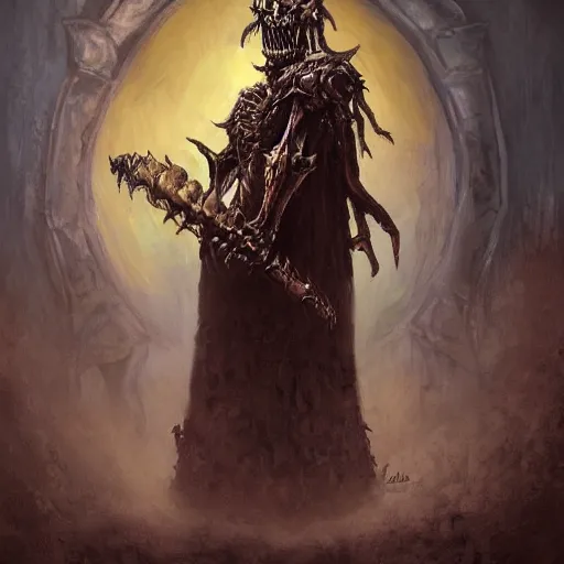 Image similar to a hyper realistic oil painting of a necromancer from diablo, dark fantasy, horror, crypt, skeleton army, retro fantasy,