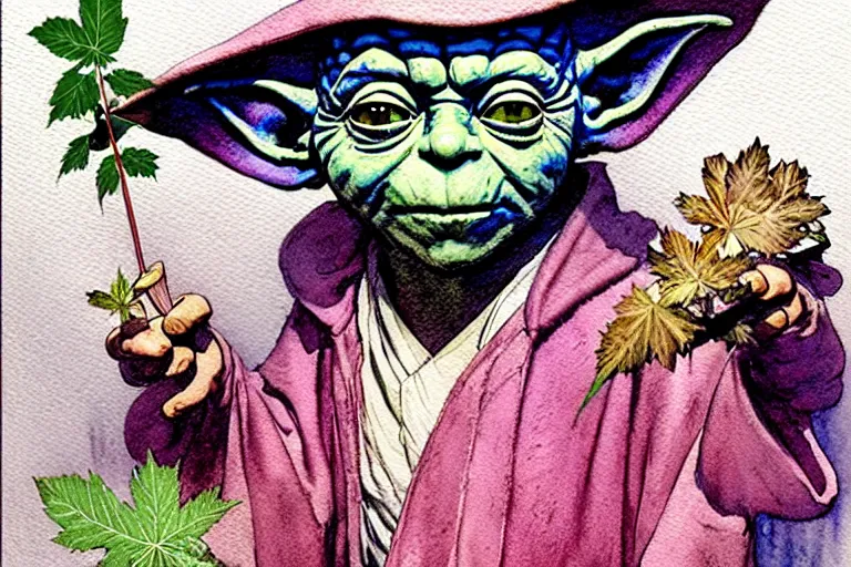 Image similar to a realistic and atmospheric watercolour fantasy character concept art portrait of yoda with pink eyes smiling and holding a blunt with a pot leaf nearby, by rebecca guay, michael kaluta, charles vess and jean moebius giraud