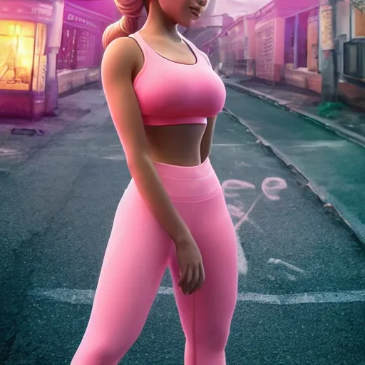 Prompt: live action extremely adorable princess peach in tight sports bra, and yoga pants. award winning photograph, trending on artstation, 4 k, emerald herald