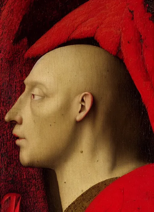 Image similar to profile of a fallen angel dressed in red with wings by Jan van Eyck, Hieronymus Bosch, Johannes Vermeer 4k post-processing, highly detailed medieval painting