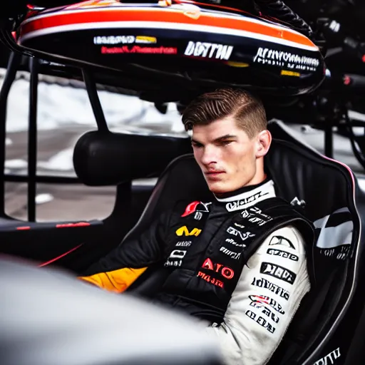 Prompt: close up of max verstappen wearing black mercedes amg overall, great photography, ambient light,