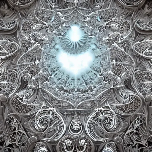 Image similar to a beautiful 3 d render of a sprawling intricate fractal cathedral populated by mandelbrot fractals by android jones, carved stone, carved soap, white color scheme, volumetric lighting, dynamic lighting, dramatic lighting, high contrast, glowing, carved marble, opalescent, sacred geometry, religious, angelic, catholicpunk, stark, trending on artstation