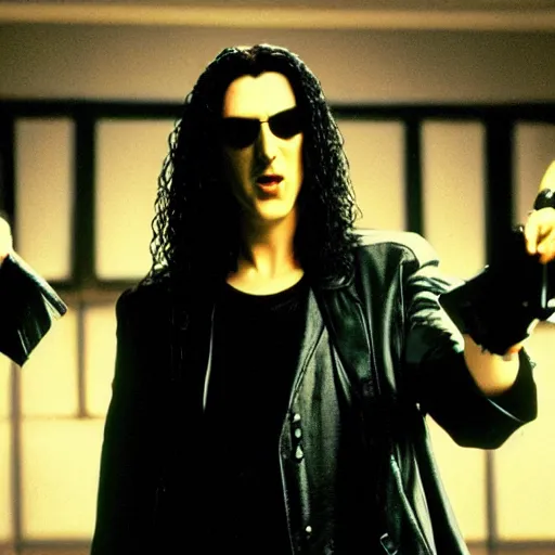 Image similar to a film still of weird al starring as neo in the matrix