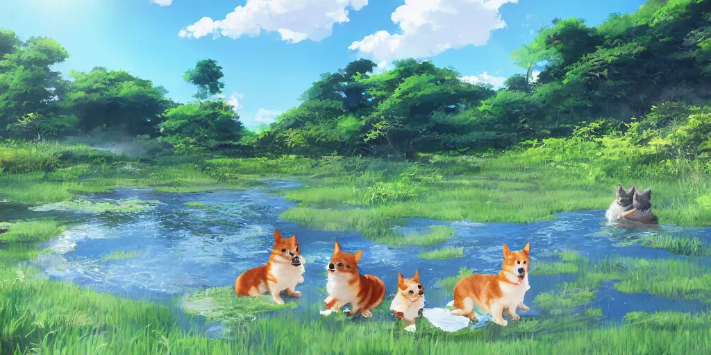 Image similar to Corgis in the pond, there is blue sky, there is water splash, there are kittens by the pond, the atmosphere is cheerful, the colors are bright, high picture quality, by Makoto Shinkai