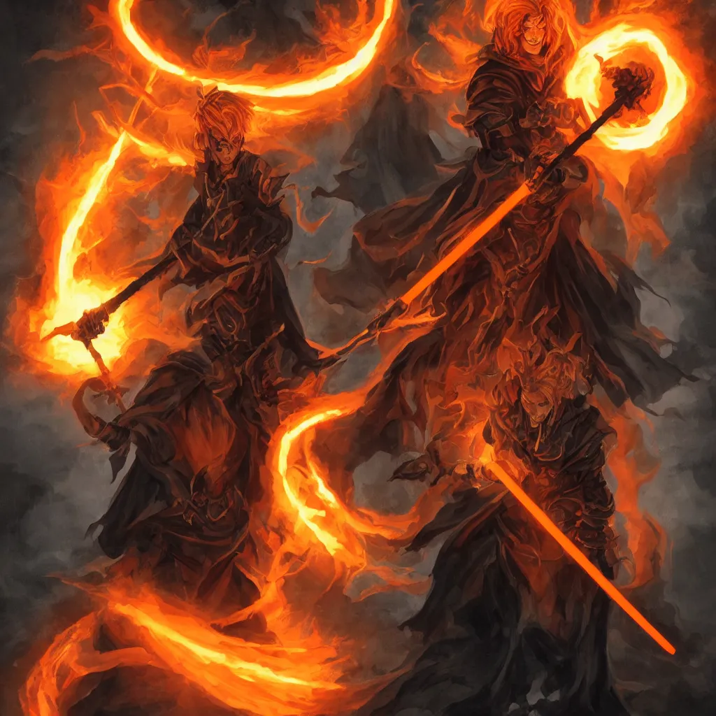 Image similar to dungeons and dragons official art, portrait of a male fire genasi wizard with pitch black skin, bright orange hair, glowing orange eyes, wearing black wizard robes, and holding a wooden staff, smoky barren landscape on the background, official print, character art