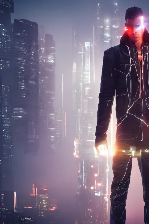 Image similar to man with lightning in his hands flying several meters above the ground with his arms crossed and with a long jacket, cyberpunk, realistic, high definition, many details, symmetrical face, realistic eyes, unreal engine art 5