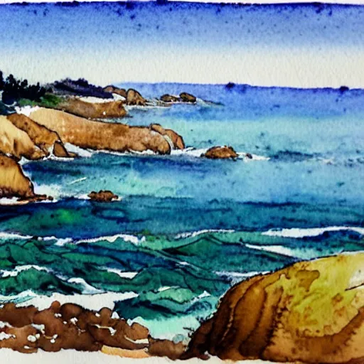 Prompt: a beautiful watercolor and pen painting of the california coastline