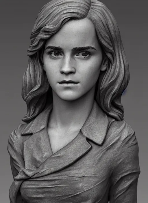 Image similar to 3D resin miniature sculpture of Emma Watson by Jean-Baptiste Carpeaux and Luo Li Rong, prefect symmetrical face, academic art, realistic, 8K, Introduction factory photo, Product Introduction Photo, Hyperrealism. Subsurface scattering, raytracing, Octane Render, Zbrush, simple background